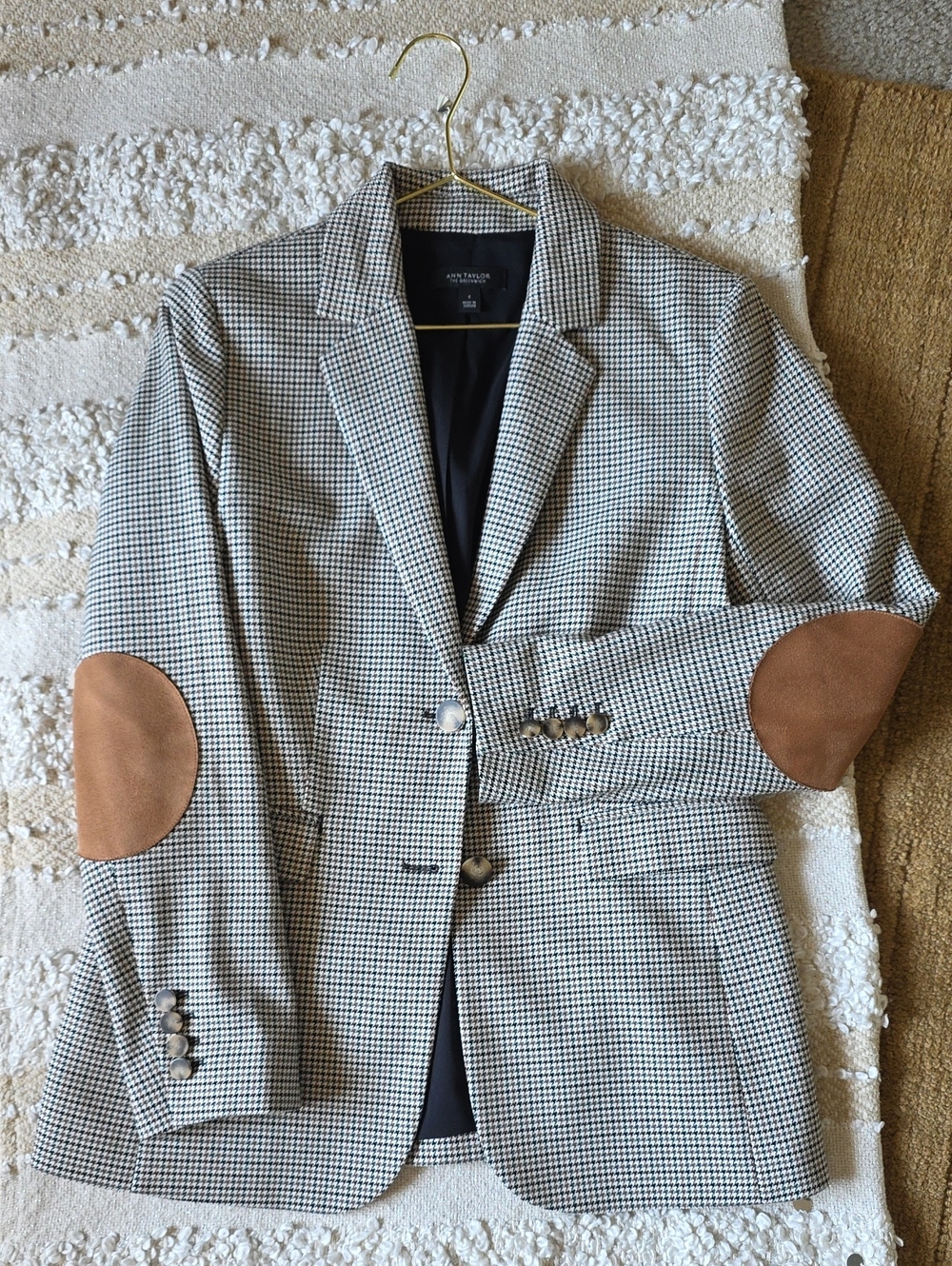 The Greenwich Black White Tan Grey Houndstooth Blazer Brown Elbow Patches